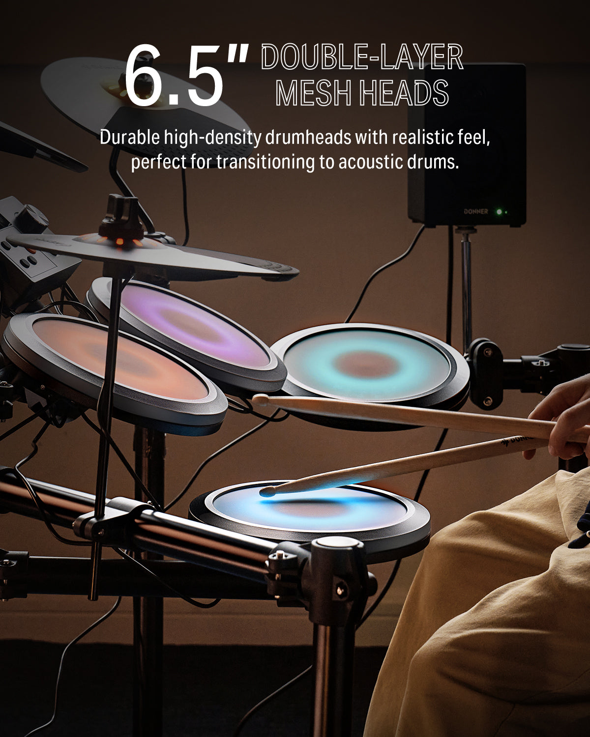Donner DED-70R Electric Drum Set with LED Light, 150 Sounds, 15 Drum Kits, Type-C Charging, with Throne, Headphones, Gray