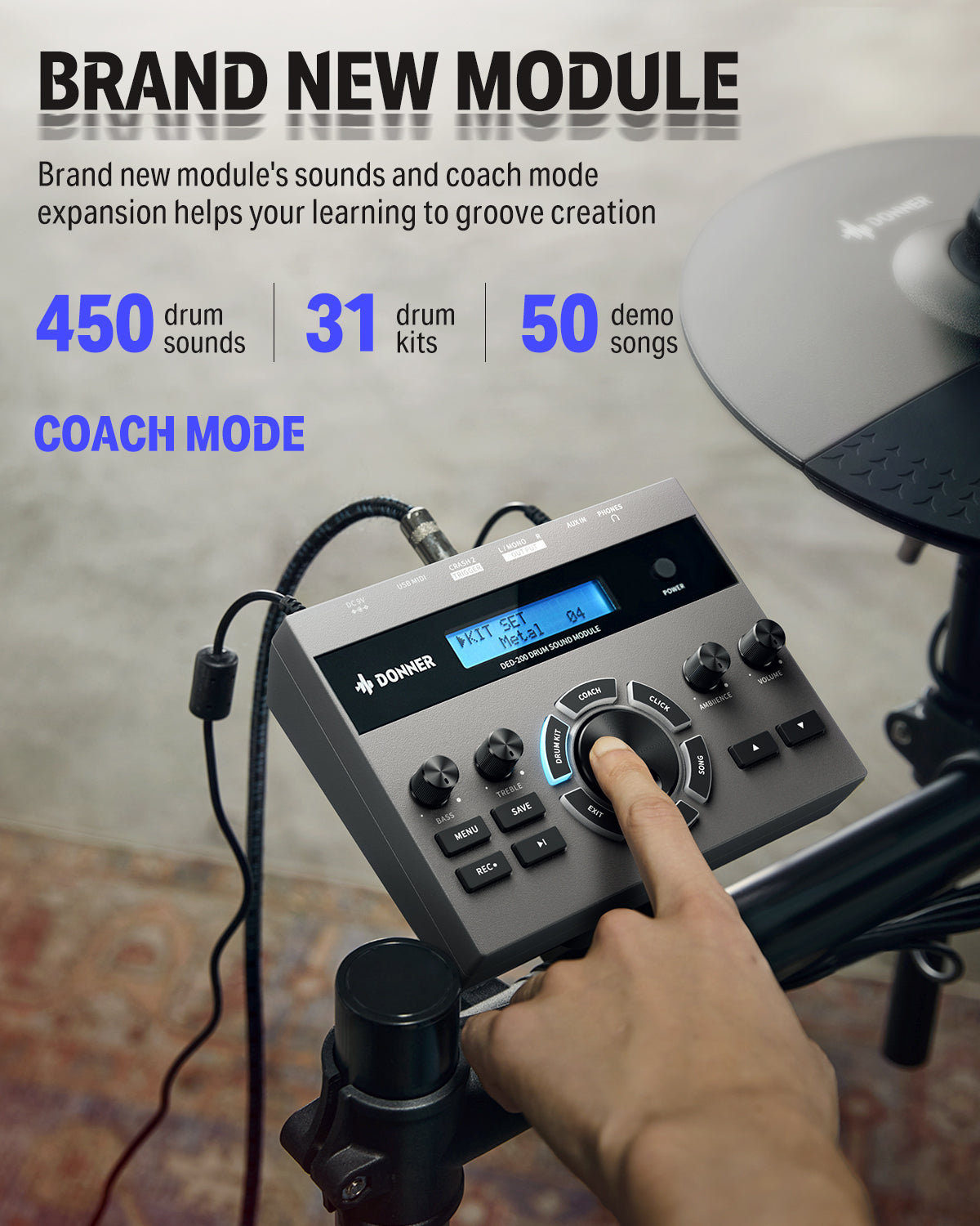 Donner Adults Electronic Drum Set 450+ Sounds, 31 Kits, with Quiet Mesh Drum Pads, DED-200X, Gray