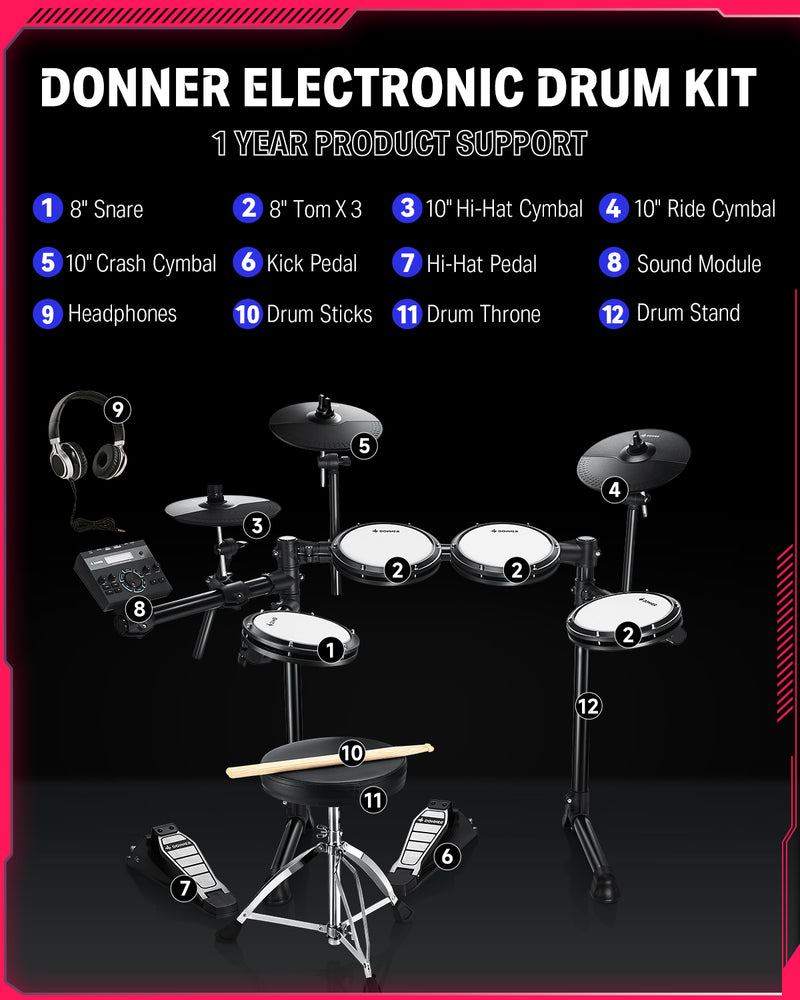 Donner DED-200 LITE Electronic Drum Kit for Beginner with 450+ Sounds, USB MIDI, Quiet Mesh Pads, Throne, Headphones, Sticks and 40 Melodics Lessons