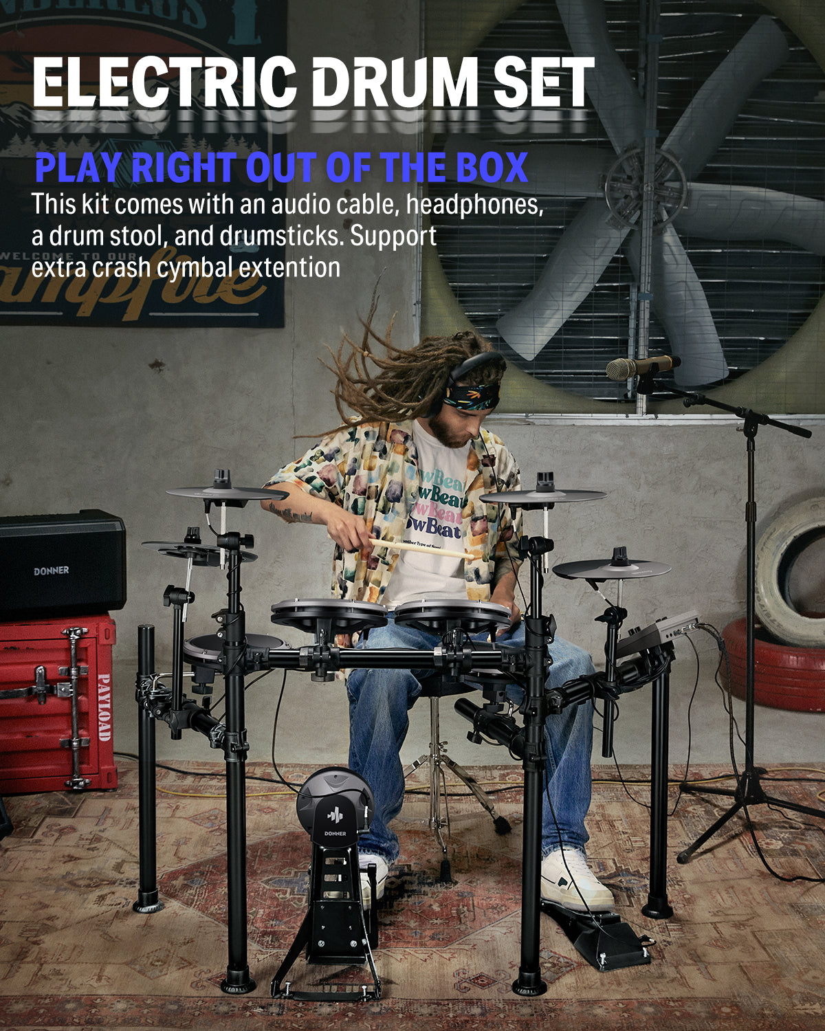 Donner Adults Electronic Drum Set 450+ Sounds, 31 Kits, with Quiet Mesh Drum Pads, DED-200X, Gray