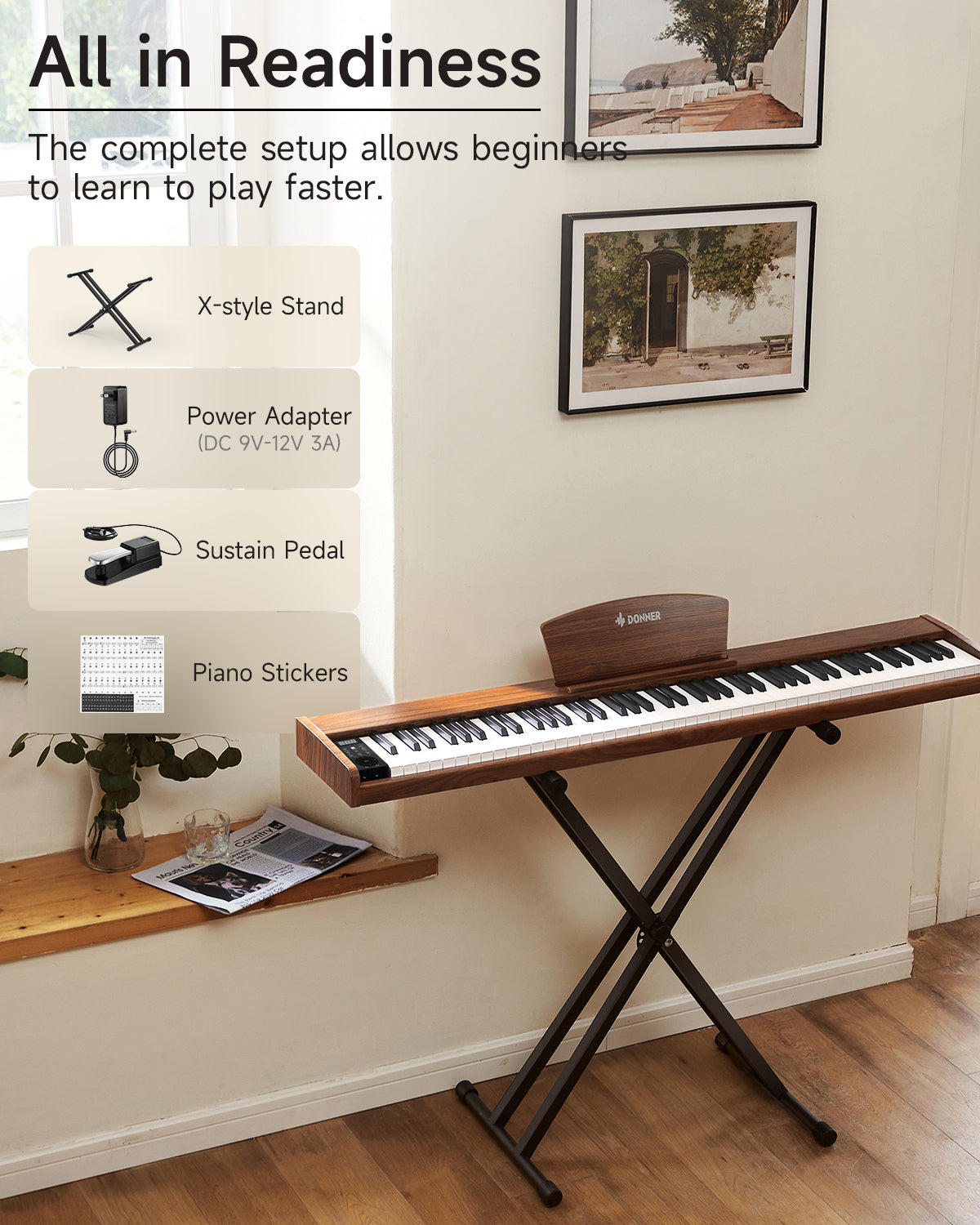 Donner DEP-1S Beginner Digital Piano Kit-Antique Brown##