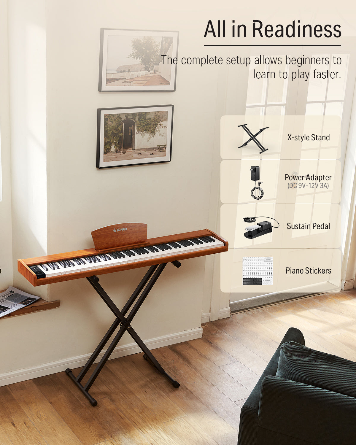 Donner DEP-1S Beginner Digital Piano Kit-Natural Update##