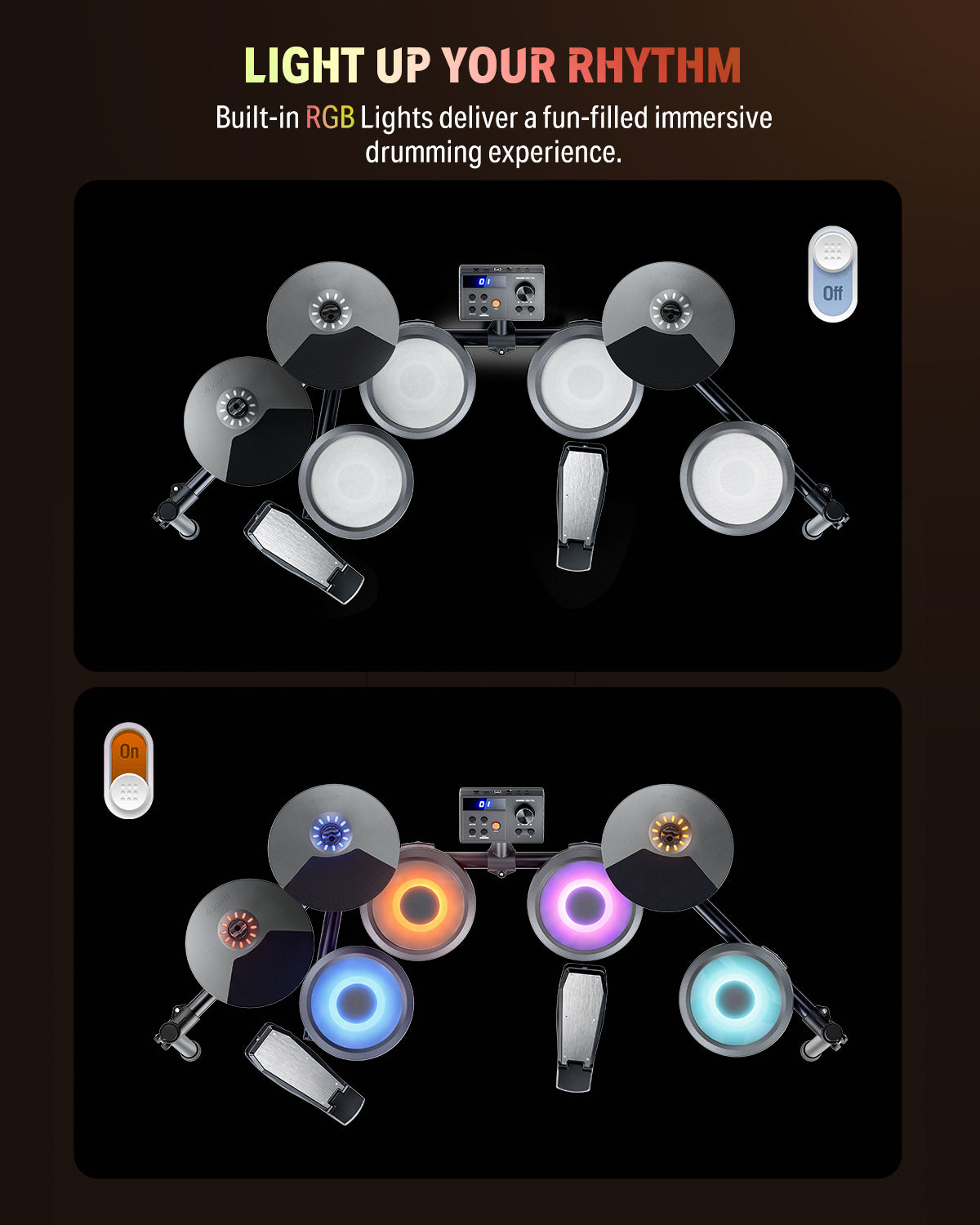 Donner DED-70R Electric Drum Set with LED Light, 150 Sounds, 15 Drum Kits, Type-C Charging, with Throne, Headphones, Gray