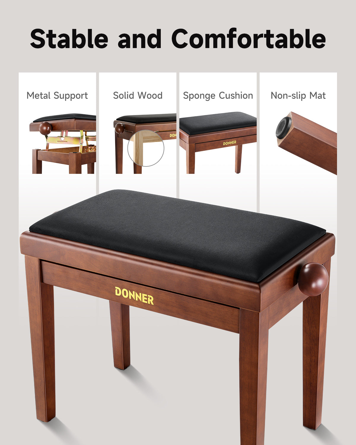 Donner Adjustable Height Piano Bench Brown Matt