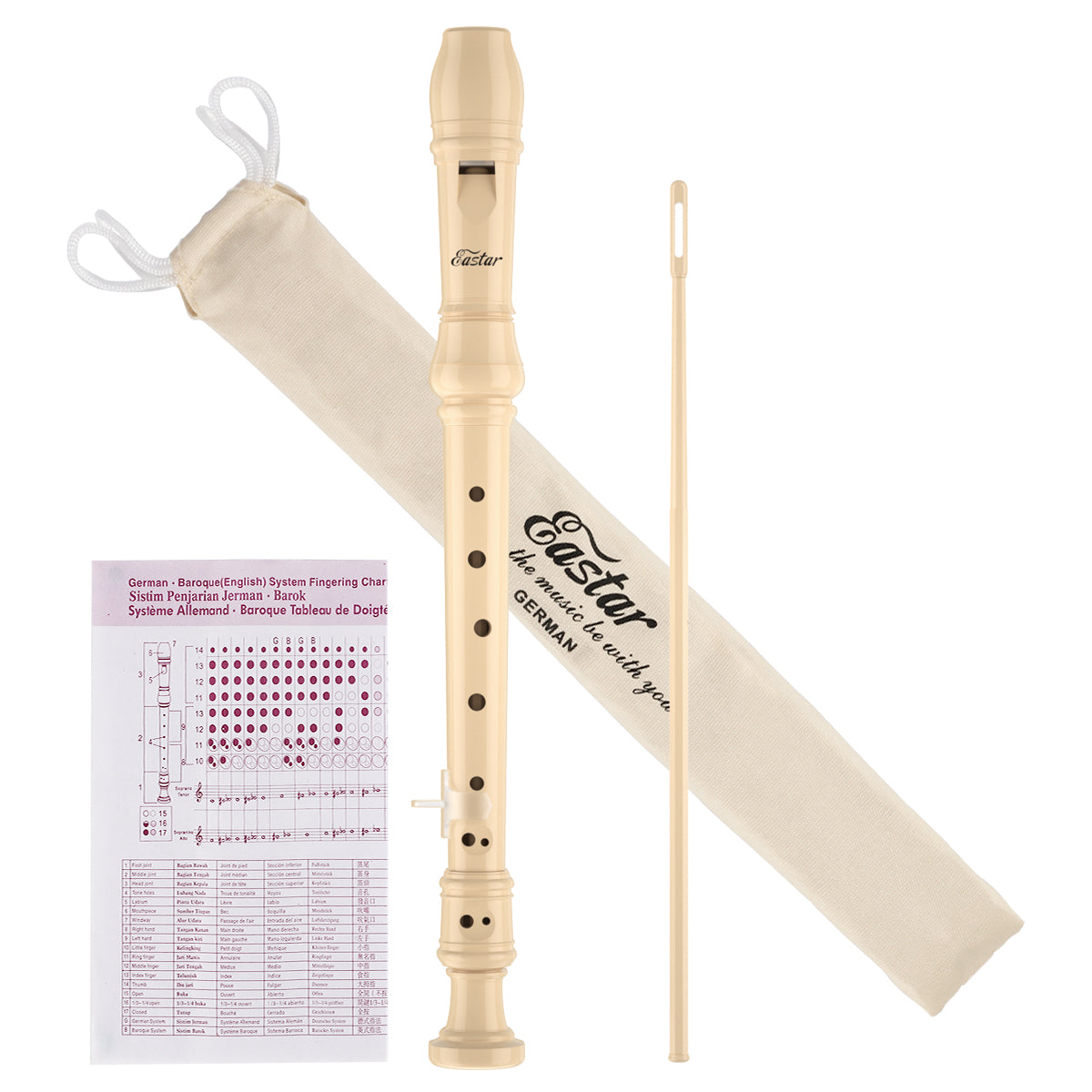 Eastar Soprano Recorder Instrument for Kids Beginners, German Fingering C Key Recorder Instrument 3 Piece with Cleaning Kit, Thumb Rest, Cotton Bag, Fingering Chart, ERS-21GB, School-Approved-White##