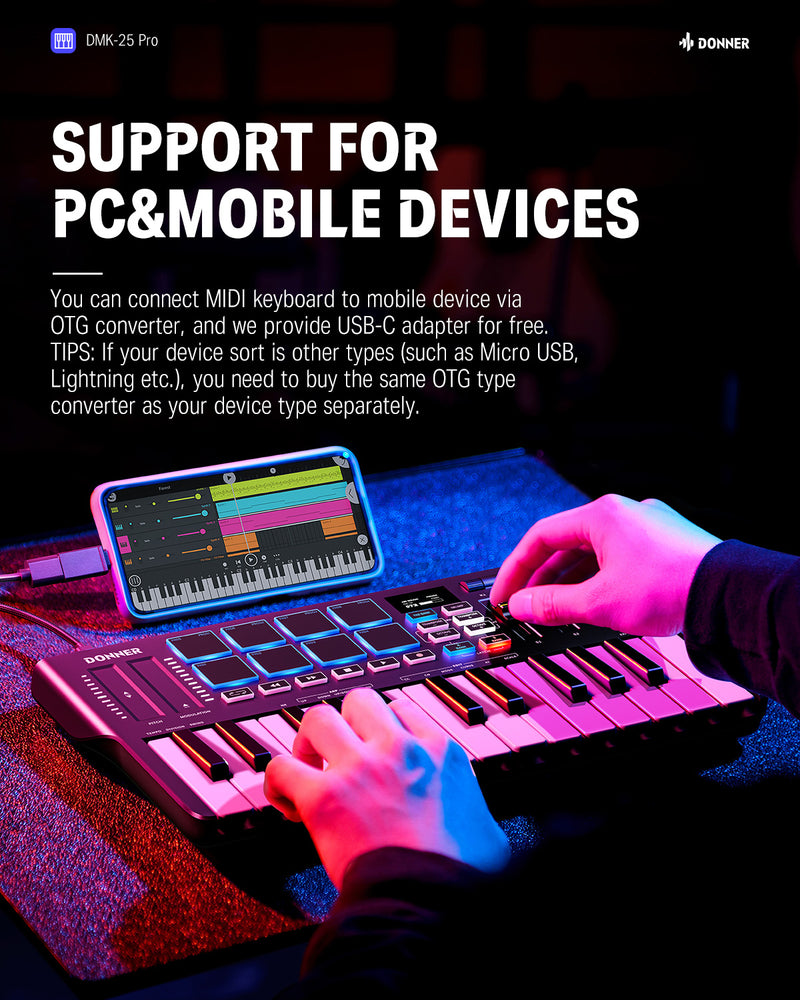 Donner DMK-25 PRO MIDI Keyboard Controller with Personalized Touch Bar, Free Music Production Software/Free 40 Courses