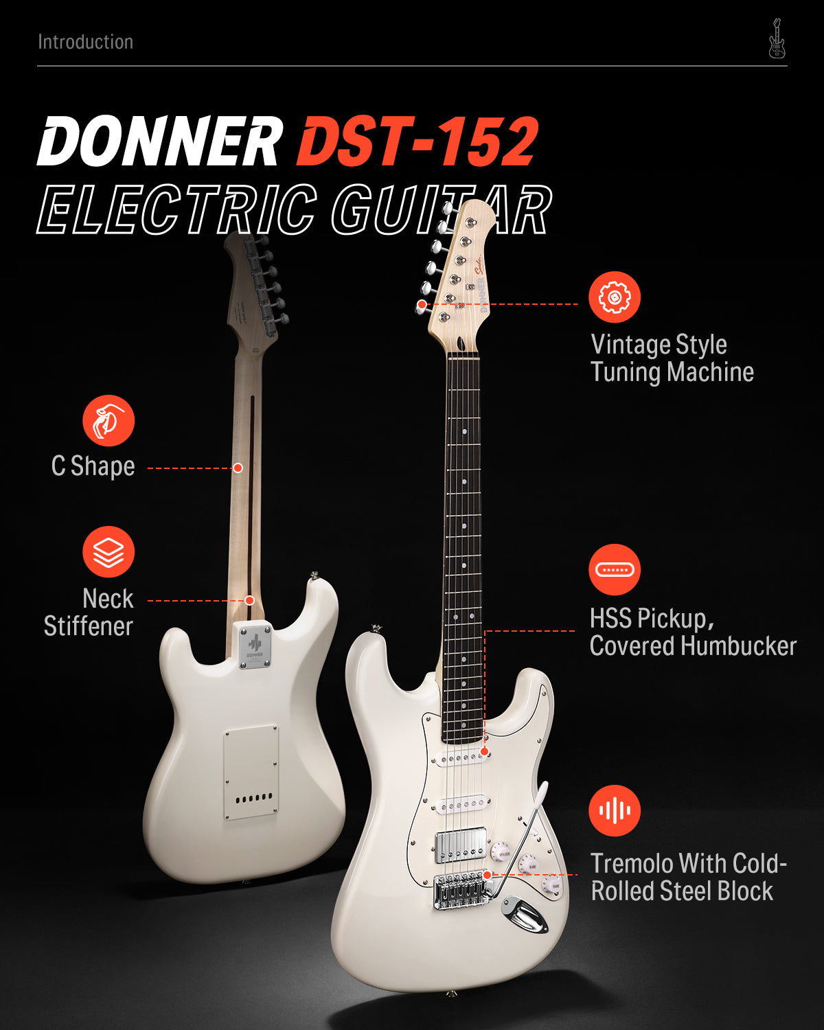 Donner DST-152 39-inch ST Electric Guitar Kit HSS Pickup with Amplifier-White##