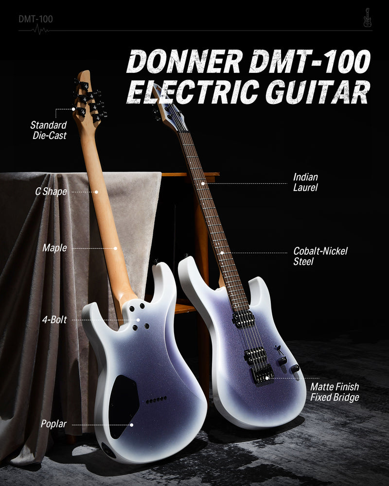 Donner Solid Body Electric Guitar, Matte Finish 39 Inch Metal Electric Guitar Beginner Kits with Bag, Strings, Strap, Cable, Strings Dampener for Rock Music Lover, DMT-100 (Gradient Violet)