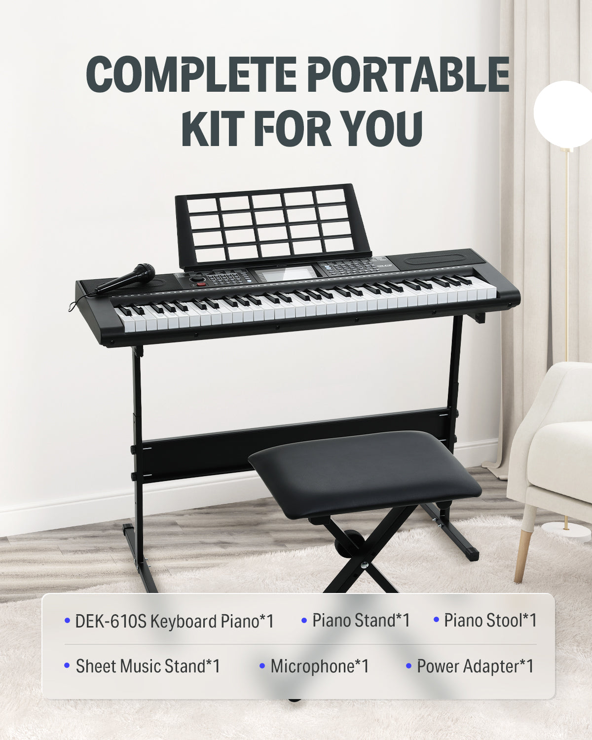 Donner DEK-610S 61 Key Electronic Keyboard Full Set for