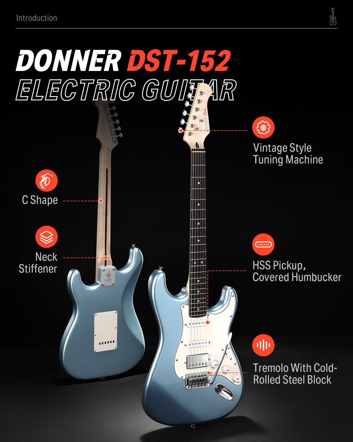 Donner DST-152 39-inch ST Electric Guitar Kit HSS Pickup with Amplifier-Polar Blue##