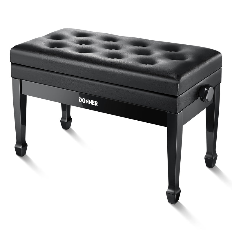 Donner Duet Adjustable Height Two-Seater Piano Bench with Music Storage Black