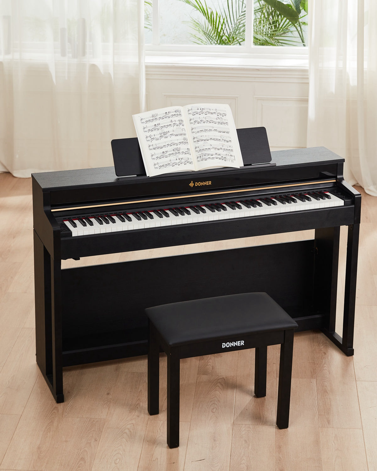 Donner DDP-400 Professional 88-Key Progressive Hammer Action Weighted Upright Digital Piano with Extended Speaker Cabinet-Black##
