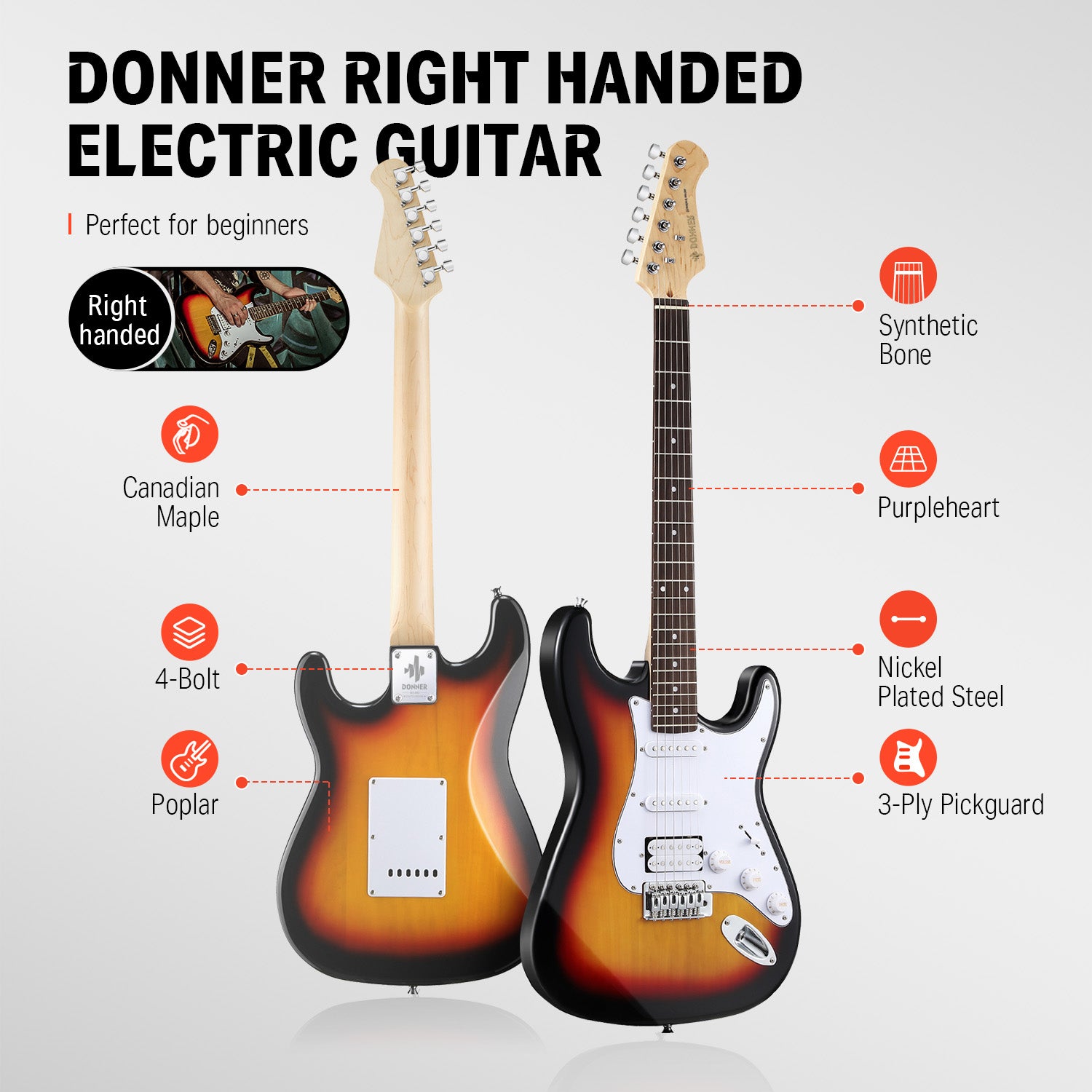 Donner DST-100 Full Size Electric Guitar Kit with Amplifier 39-Inch Solid Body HSS Pickup Beginner Set