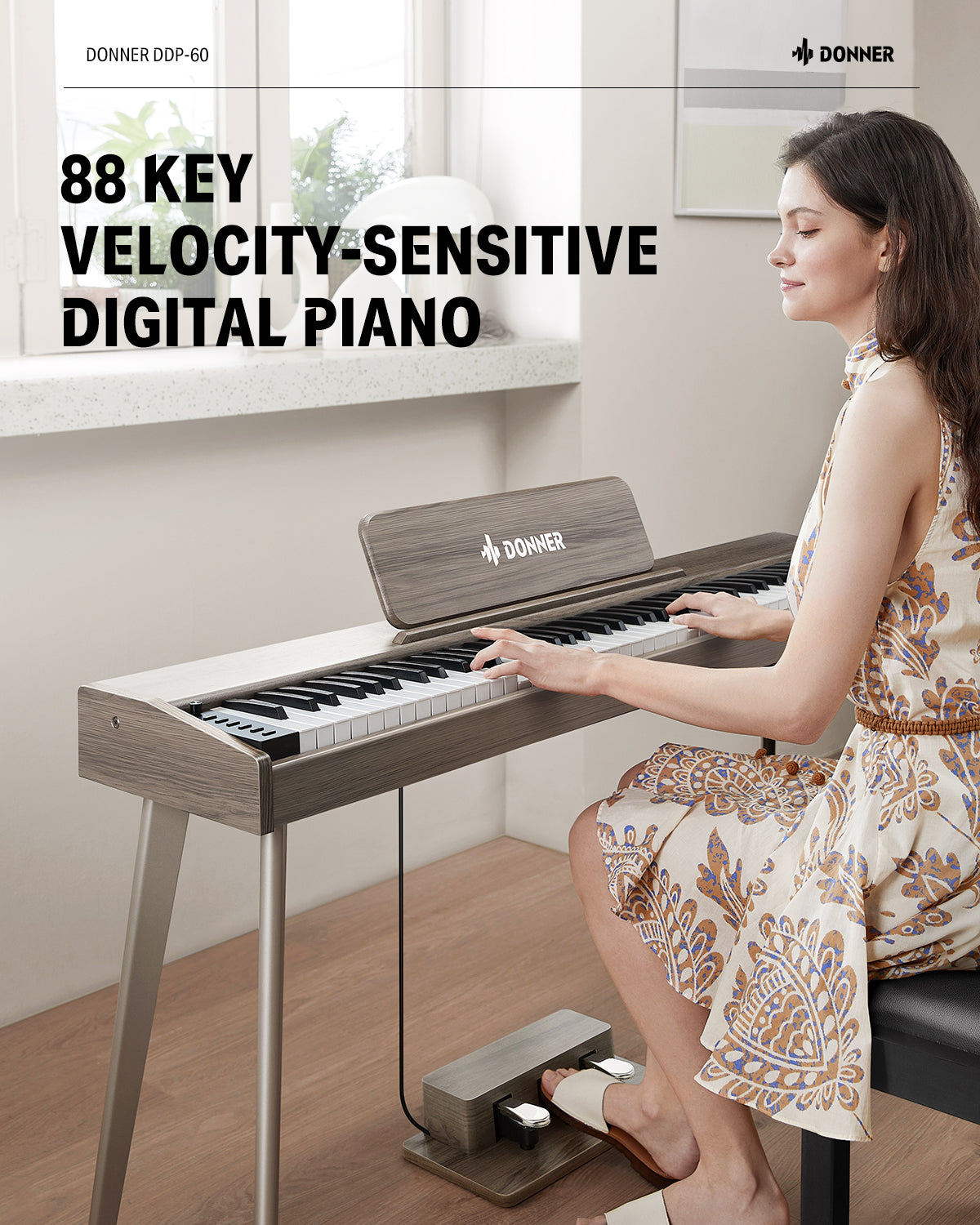 Donner DDP-60 Wooden 88-Key Semi-Weighted Upright Digital Piano with 3-Pedal for Beginner-Gray##