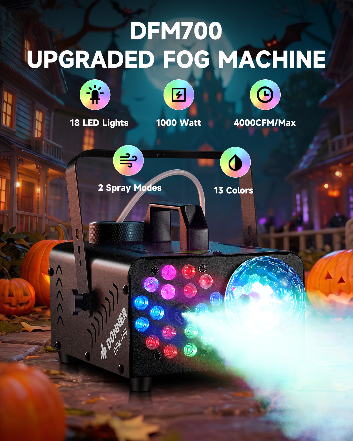 Donner Fog Machine with Disco Ball, 1000W, 4000 CFM, 18 RGB LED Lights Halloween Smoke Machine for Party, DFM-700