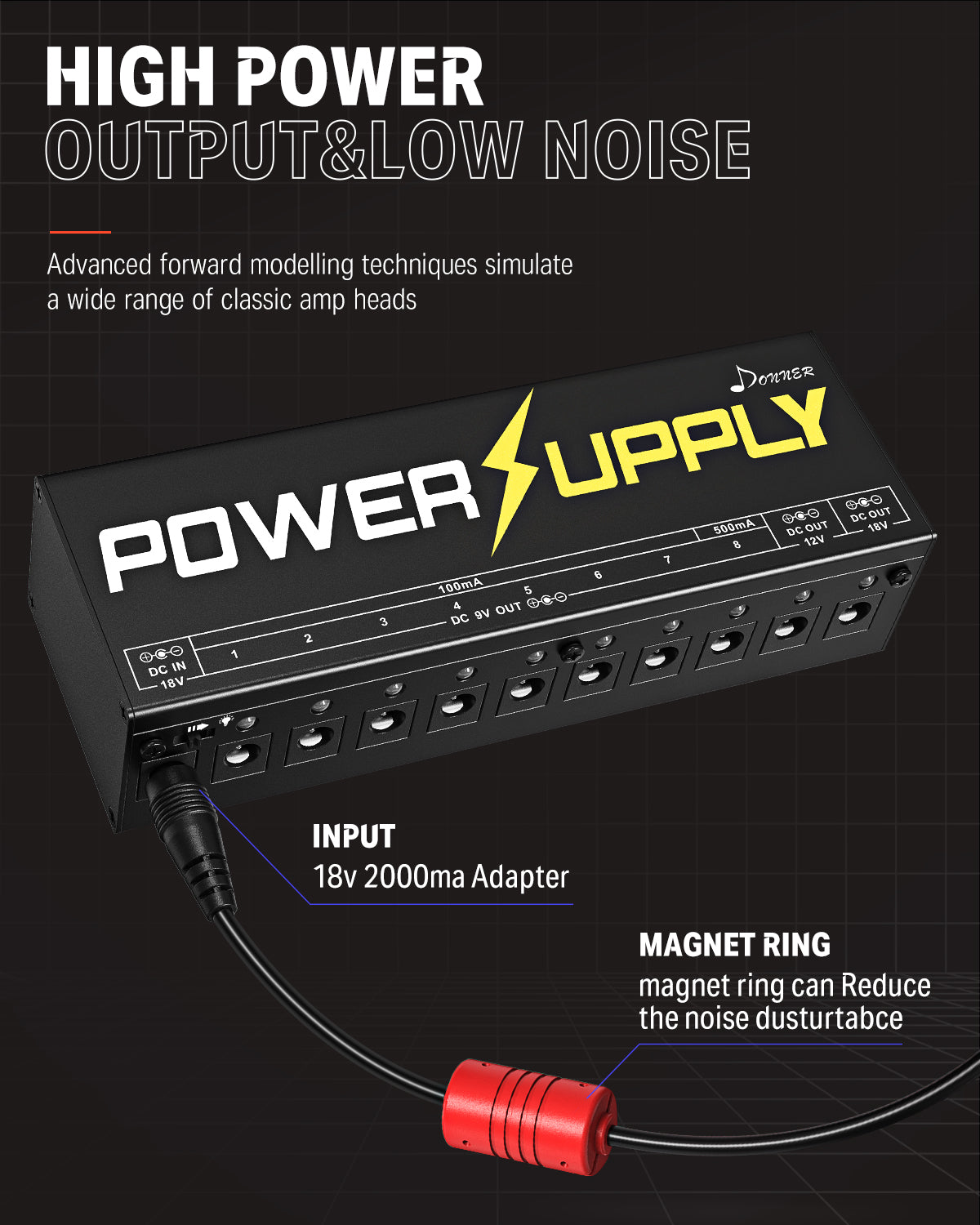 DP-1 10 Isolated DC Output Guitar Pedal Power Supply Donner