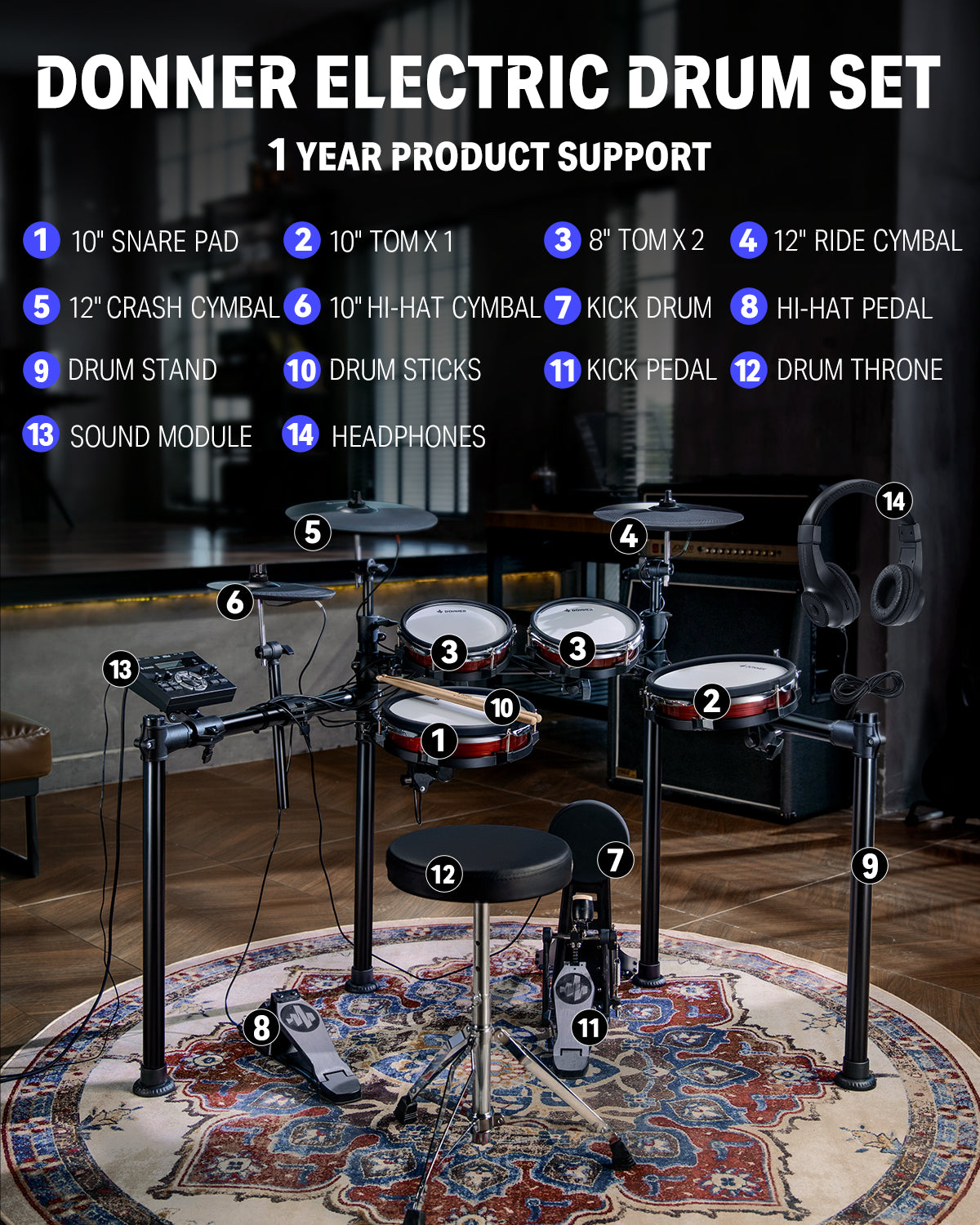 DED-200 MAX Electronic Drum Set 5-Drum 3-Cymbal with Throne