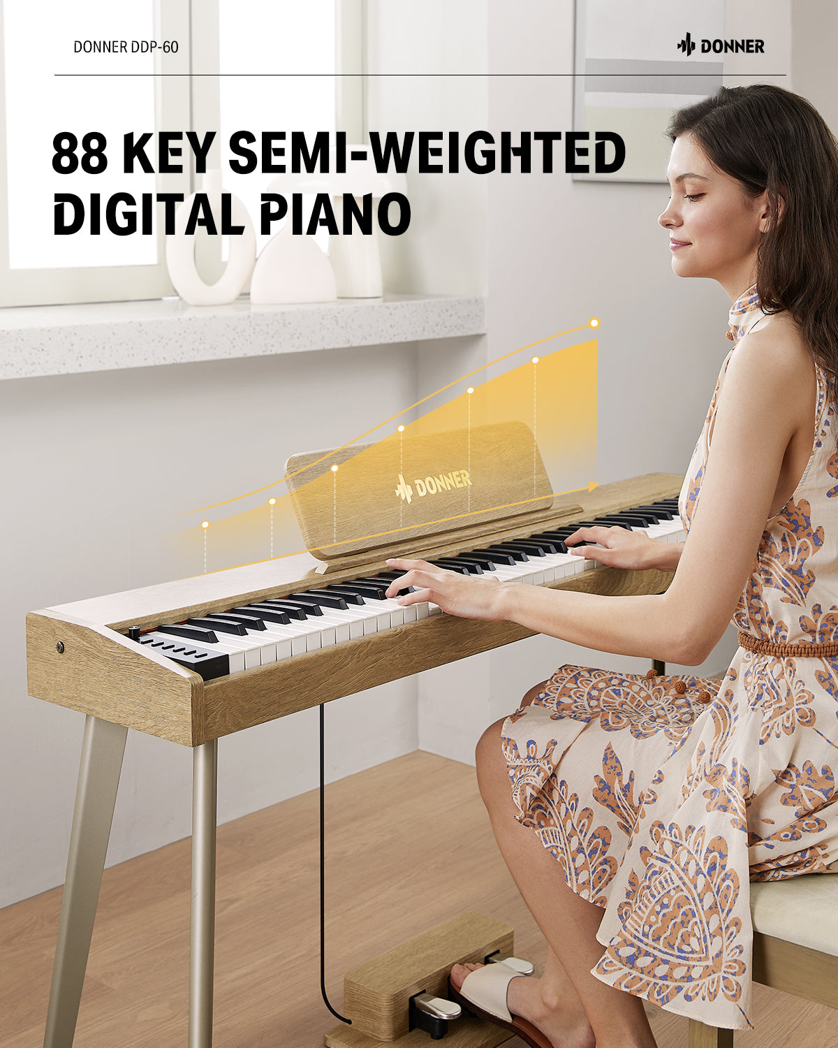 Donner DDP-60 88-Key Semi-Weighted Wooden Upright Digital Piano with 3-Pedal for Beginner-Natural##