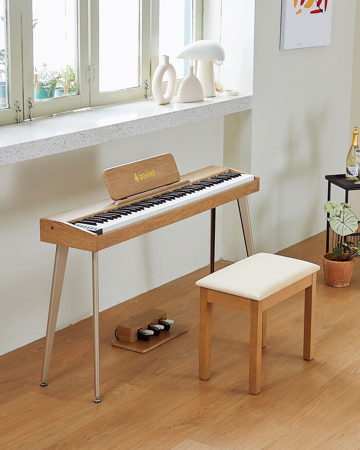 Donner DDP-60 88-Key Semi-Weighted Wooden Upright Digital Piano with 3-Pedal for Beginner-Natural##