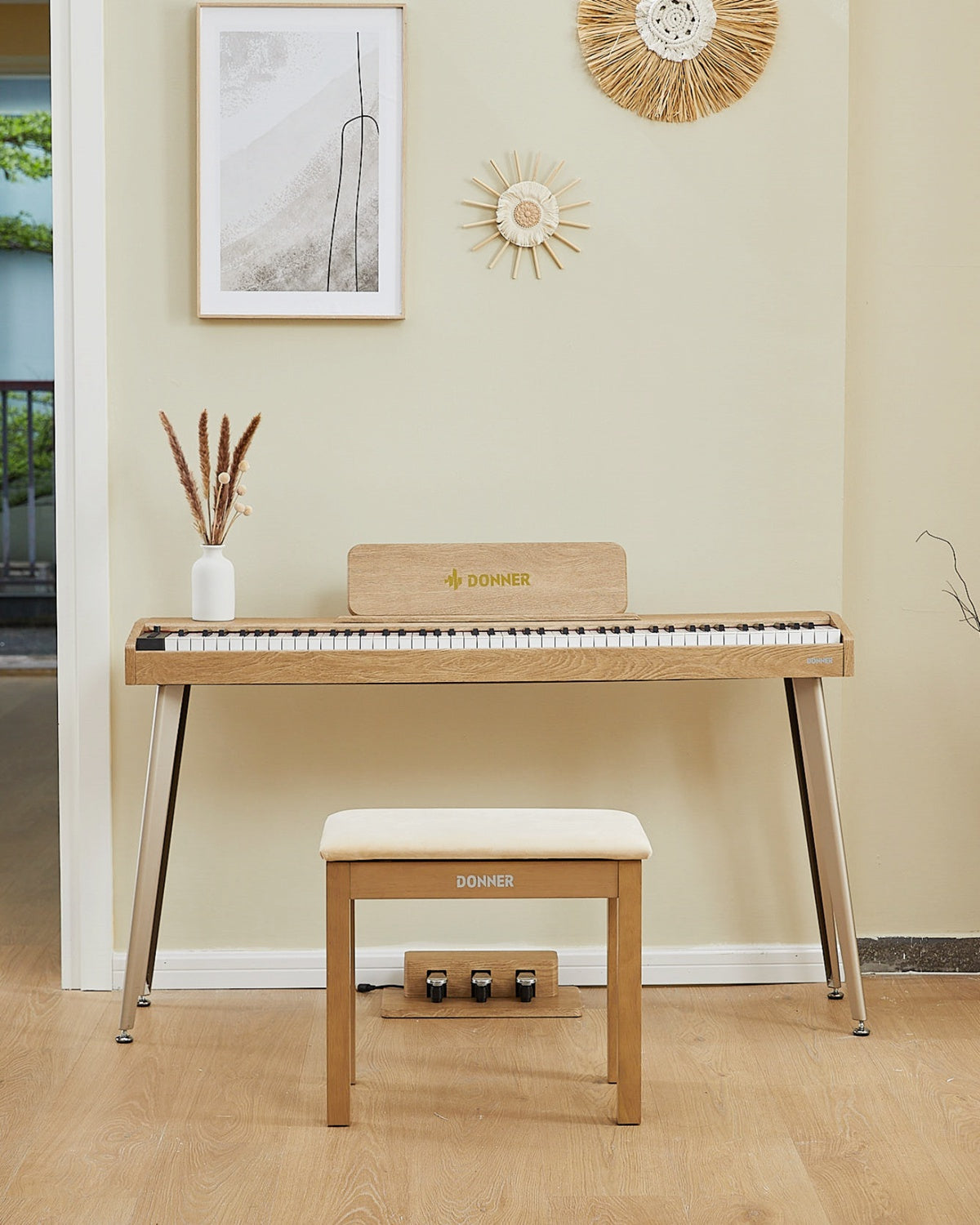 Donner DDP-60 88-Key Semi-Weighted Wooden Upright Digital Piano with 3-Pedal for Beginner-Natural##