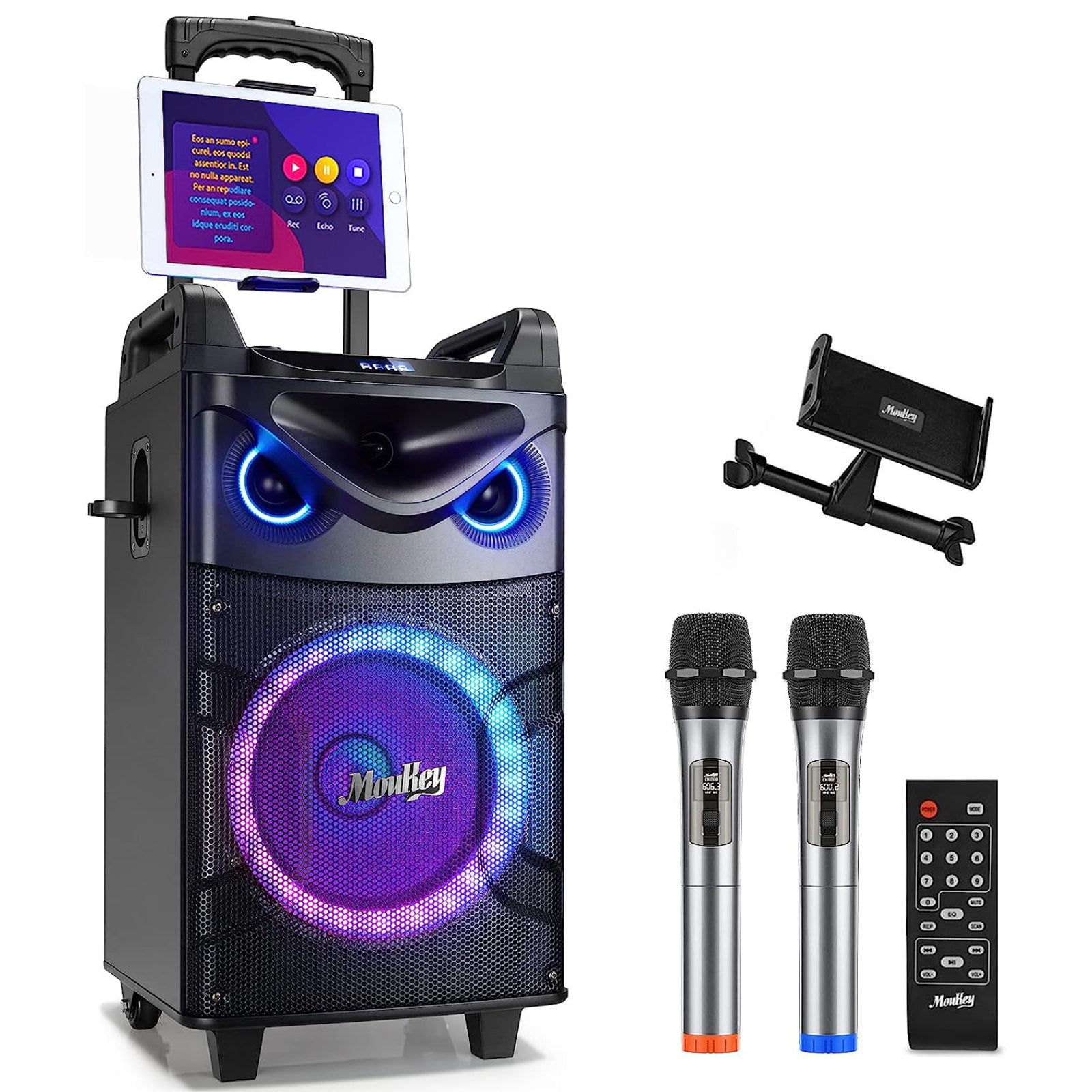 karaoke gear Moukey MTs10-2 10" Karaoke Machine Portable PA Trolley Speaker Sing Machine with Woofer/Bluetooth/2 Mics