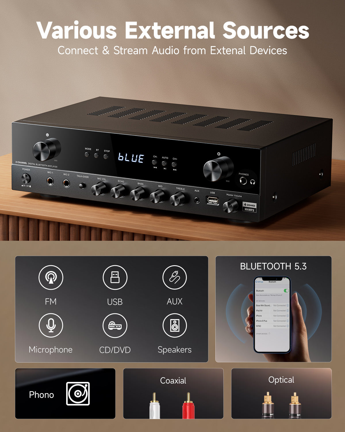 MAMP2 Stereo Audio Amplifier 600W Peak 2 Channel Bluetooth