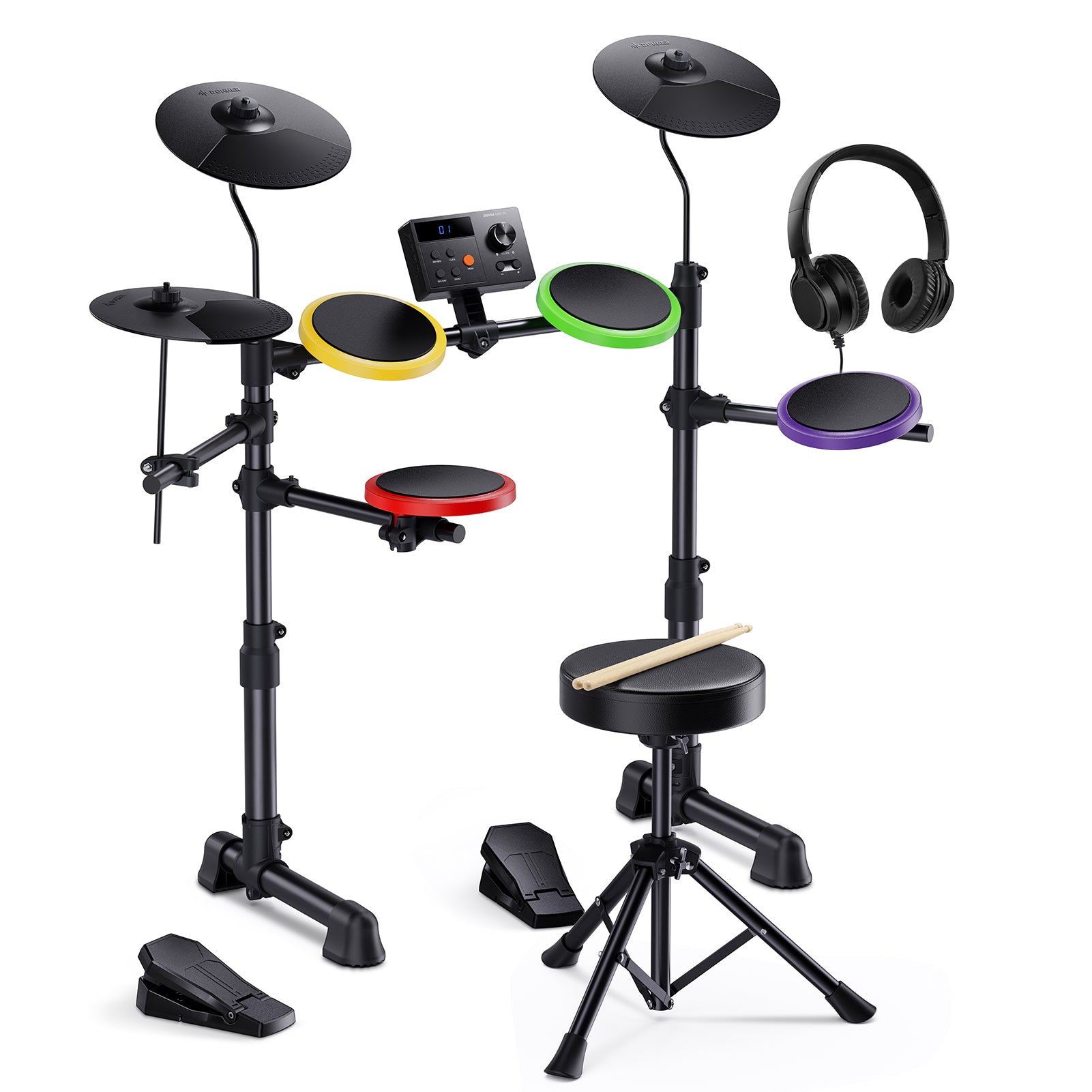 Donner Kids Electric Drum Set with 150 Sounds, 15  Drum kits,  10 demo songs, 4 Quiet Silicone Pads, 9" Cymbals, Throne, Headphones, Sticks