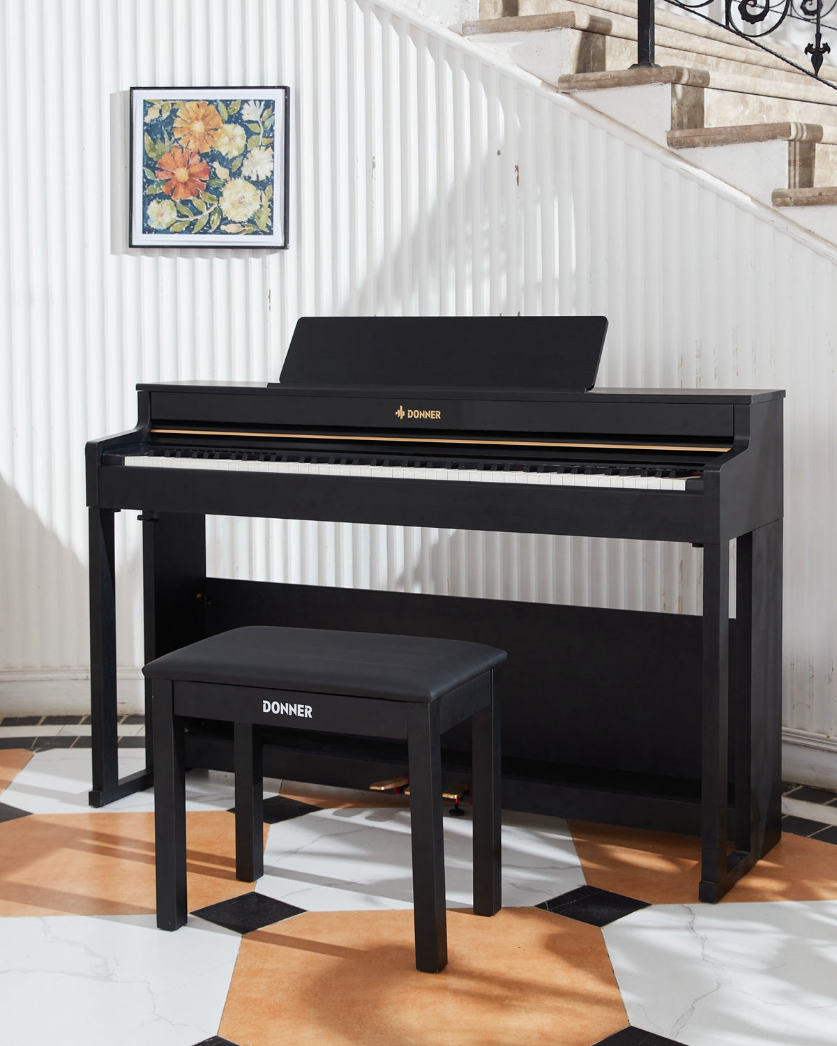 Donner DDP-400 Professional 88-Key Progressive Hammer Action Weighted Upright Digital Piano with Extended Speaker Cabinet-Black##