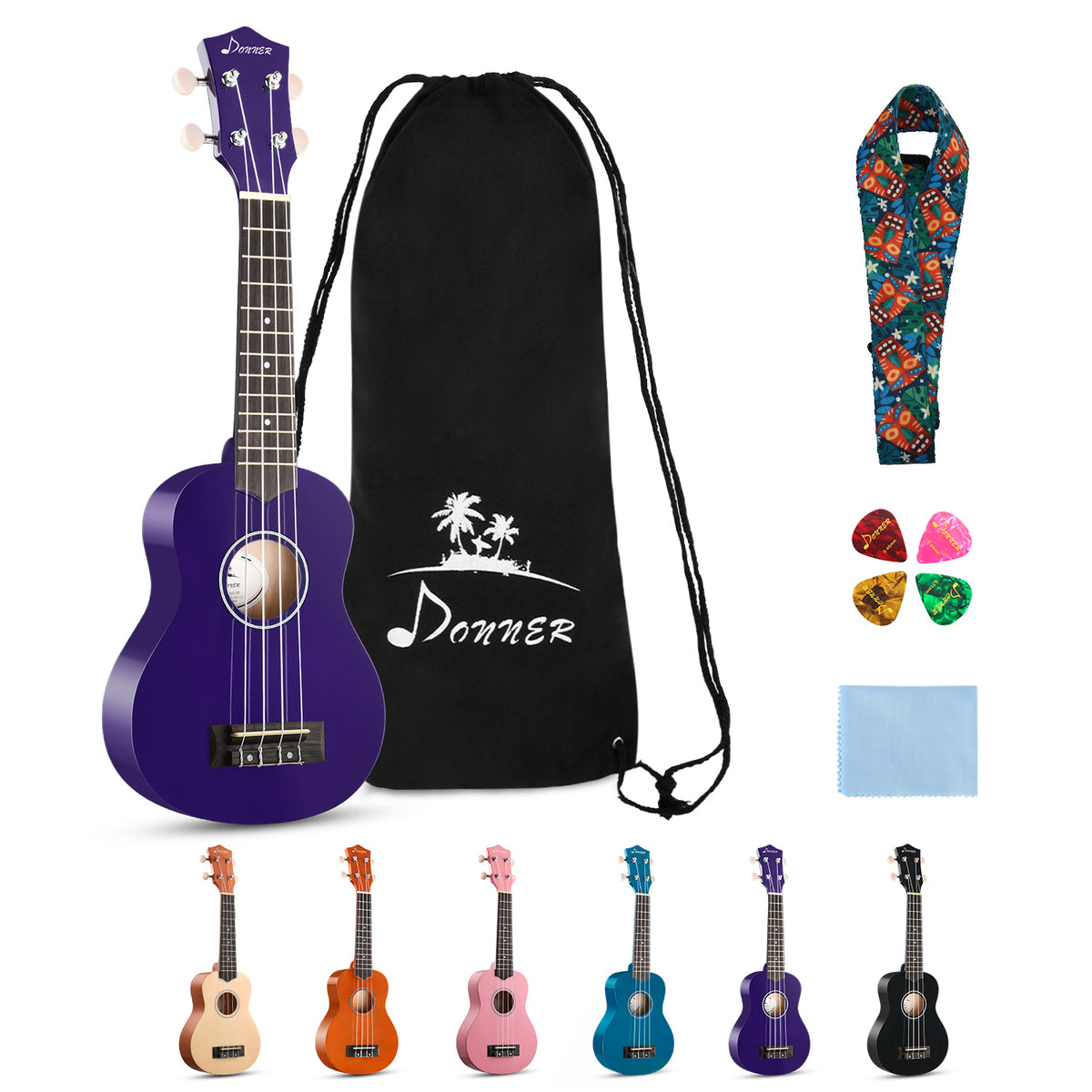 Donner DUS-10 Soprano Ukulele Beginner Kit for Kid Adult Student with Online Lesson 21 Inch Bundle Bag Strap String Tuner Pick Polishing Cloth