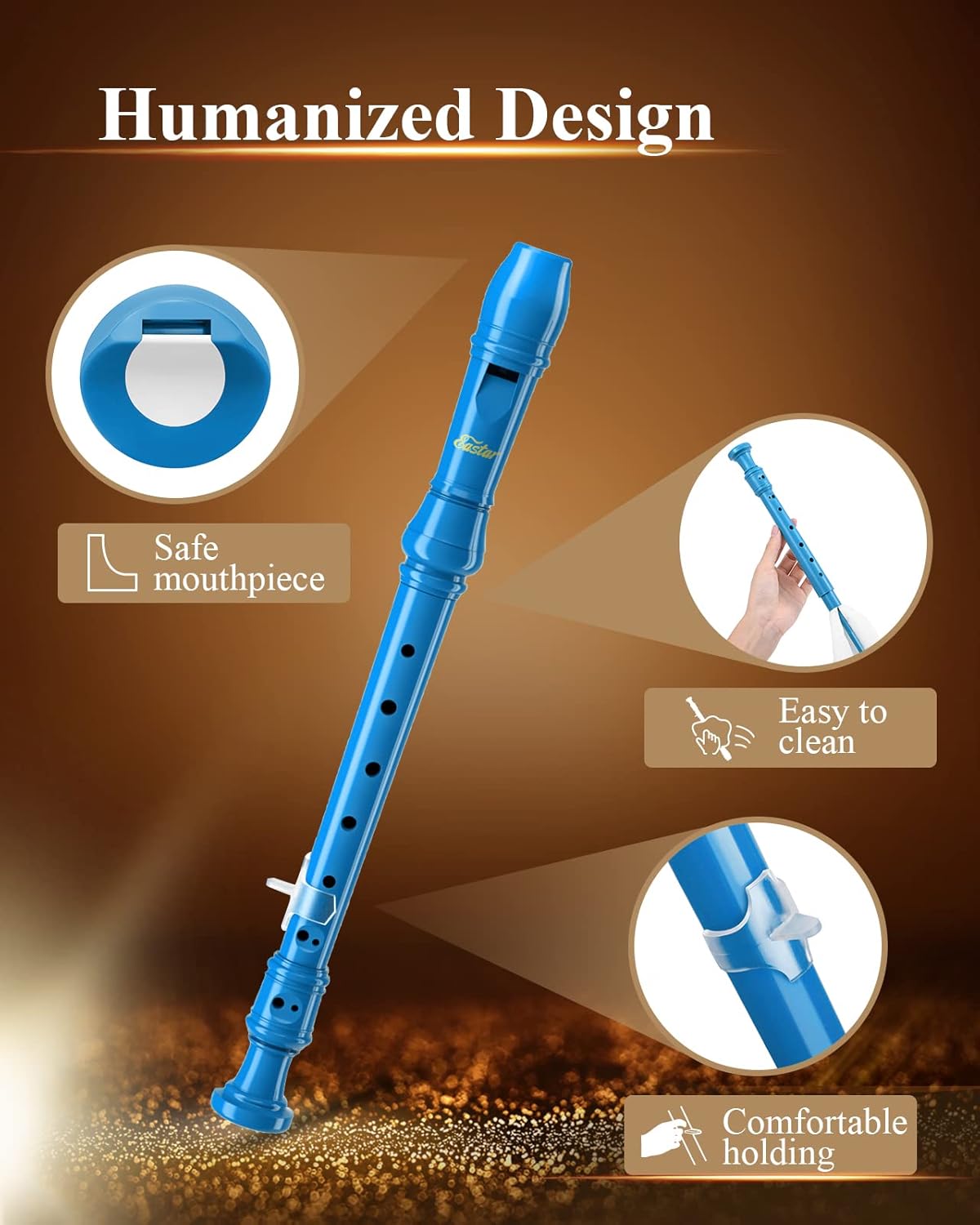 Eastar Soprano Recorder Instrument for Kids Beginners, German Fingering C Key Recorder Instrument 3 Piece with Cleaning Kit, Thumb Rest, Cotton Bag, Fingering Chart, ERS-21GB, School-Approved-Royal Blue##