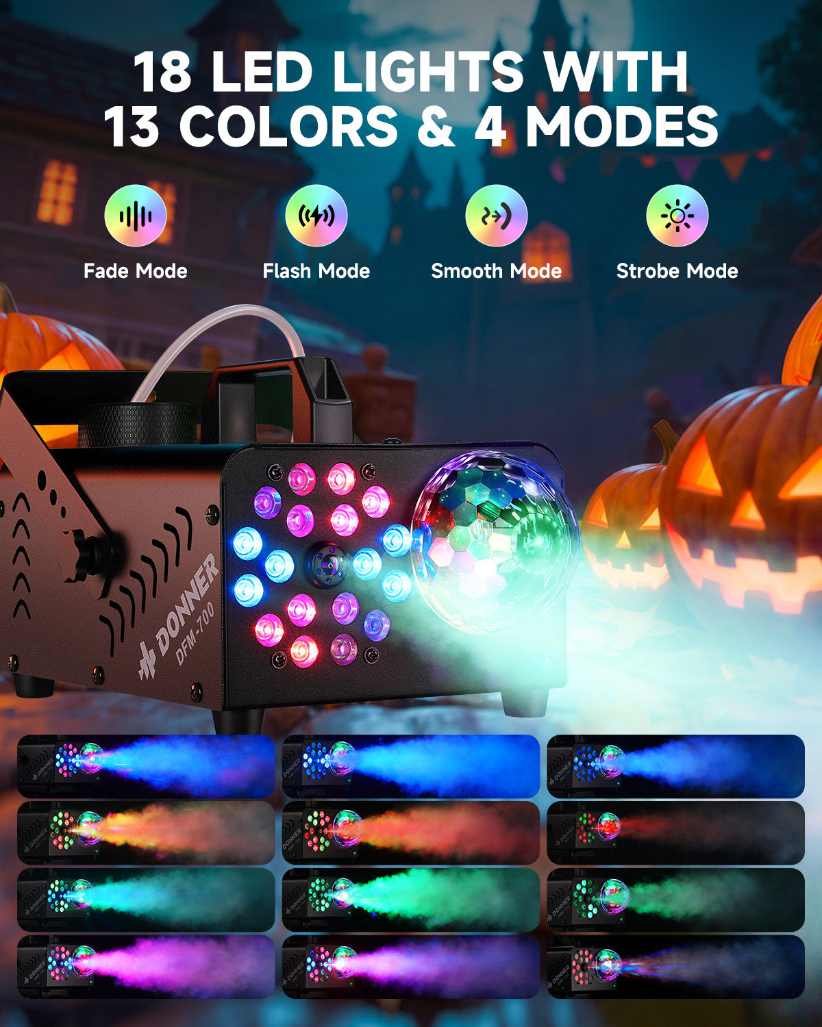 Donner Fog Machine with Disco Ball, 1000W, 4000 CFM, 18 RGB LED Lights Halloween Smoke Machine for Party, DFM-700
