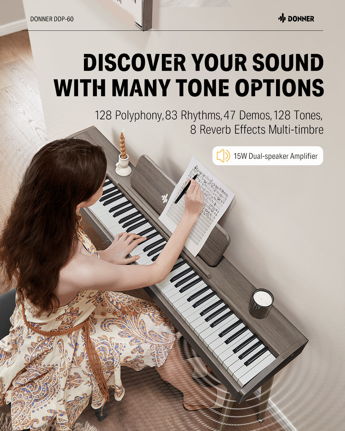 Donner DDP-60 Wooden 88-Key Semi-Weighted Upright Digital Piano with 3-Pedal for Beginner-Gray##