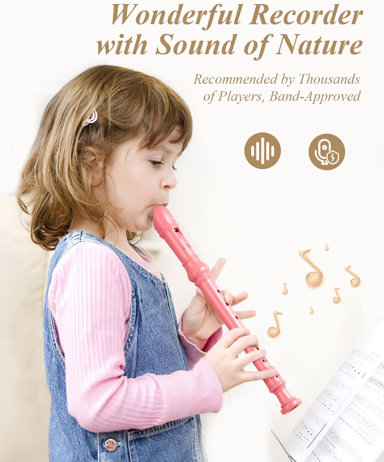 Eastar Soprano Recorder Instrument for Kids Beginners, German Fingering C Key Recorder Instrument 3 Piece with Cleaning Kit, Thumb Rest, Cotton Bag, Fingering Chart, ERS-21GB, School-Approved-Pink##