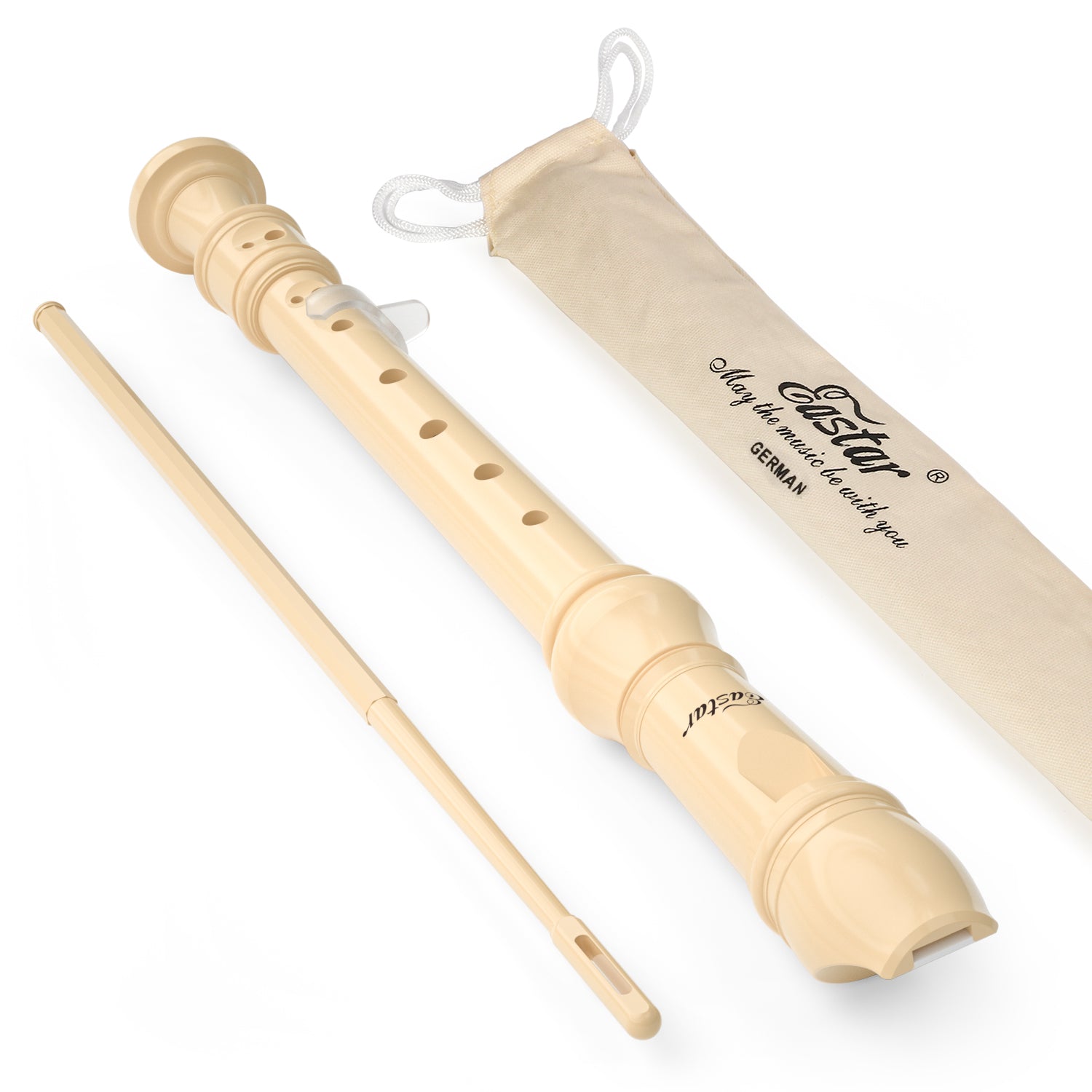 Eastar Soprano Recorder Instrument for Kids Beginners, German Fingering C Key Recorder Instrument 3 Piece with Cleaning Kit, Thumb Rest, Cotton Bag, Fingering Chart, ERS-21GB, School-Approved-White##