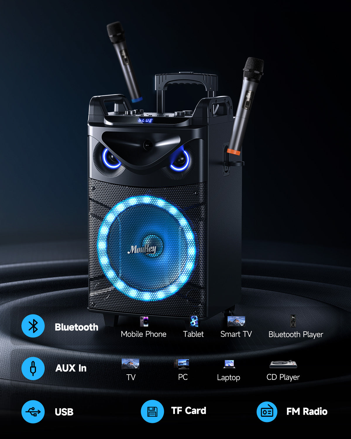 Moukey™ MTs12-1 Karaoke Machine Portable PA Trolley Speaker with Woofer/Bluetooth/2 Mic