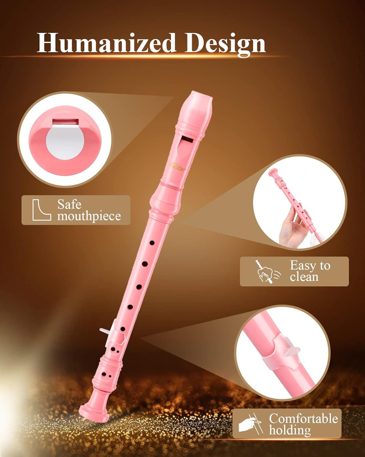Eastar Soprano Recorder Instrument for Kids Beginners, German Fingering C Key Recorder Instrument 3 Piece with Cleaning Kit, Thumb Rest, Cotton Bag, Fingering Chart, ERS-21GB, School-Approved-Pink##