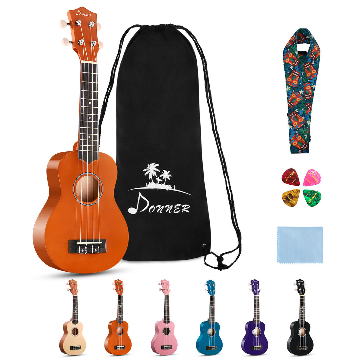 Donner DUS-10 Soprano Ukulele Beginner Kit for Kid Adult Student with Online Lesson 21 Inch Bundle Bag Strap String Tuner Pick Polishing Cloth