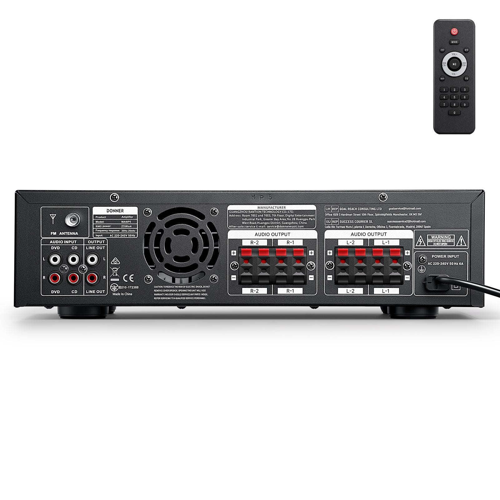 Donner Stereo Audio Amplifier Receiver, 4 Channel 1000W Peak Power Home Theater Stereo ReceiverBluetooth 5.0 Speaker Selector for Studio, Home