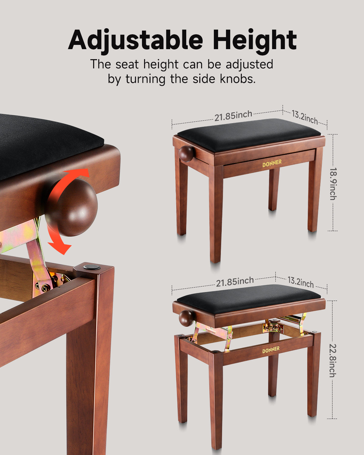 Donner Adjustable Height Piano Bench Brown Matt