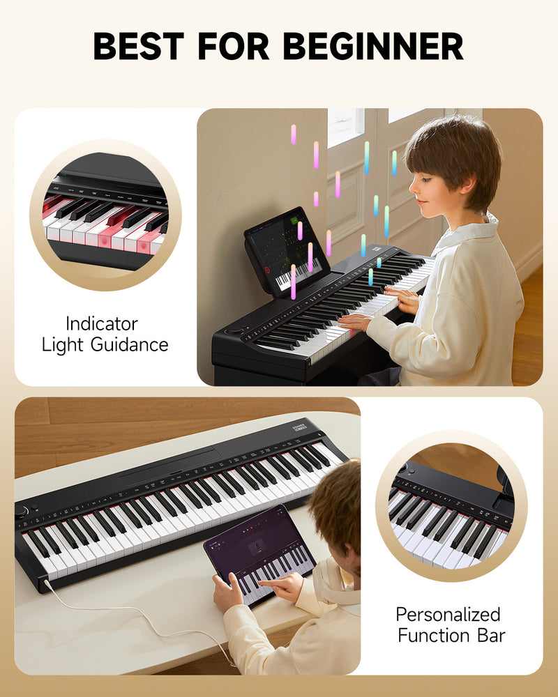 Donner DK-10S Black Electronic Keyboard Piano 61 Key Indicator Light Guidance Designed for Beginners