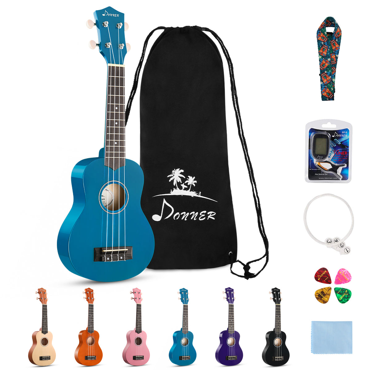 Donner DUS-10 Soprano Ukulele Beginner Kit for Kid Adult Student with Online Lesson 21 Inch Bundle Bag Strap String Tuner Pick Polishing Cloth
