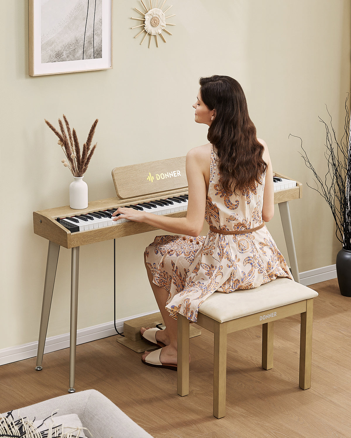 Donner Light Wood Color Piano Bench with High-Density Suede Cushion