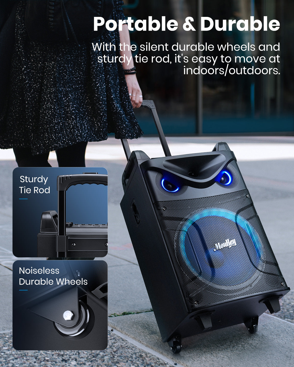 Moukey™ MTs12-1 Karaoke Machine Portable PA Trolley Speaker with Woofer/Bluetooth/2 Mic