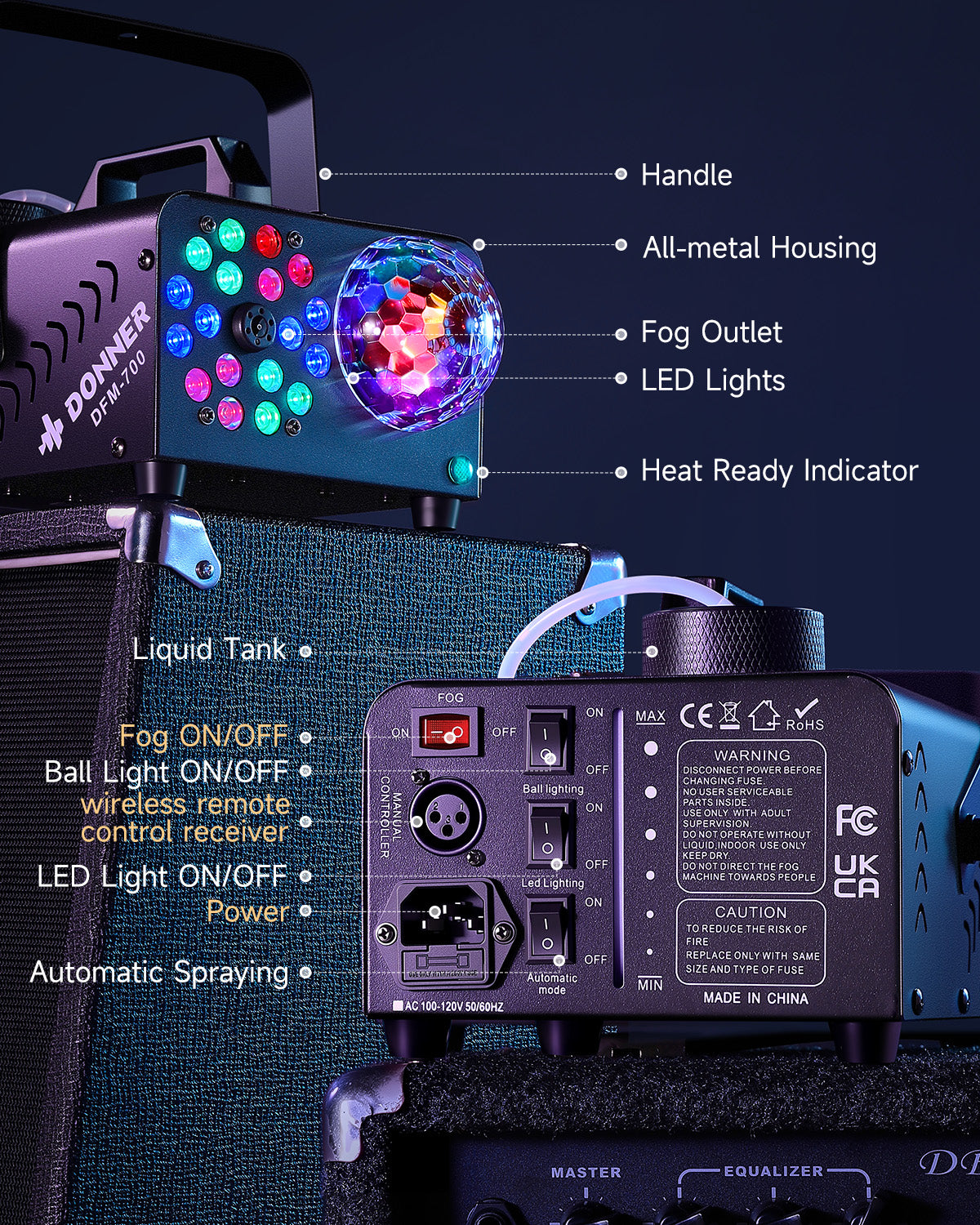 Donner Fog Machine with Disco Ball, 1000W, 4000 CFM, 18 RGB LED Lights Halloween Smoke Machine for Party, DFM-700