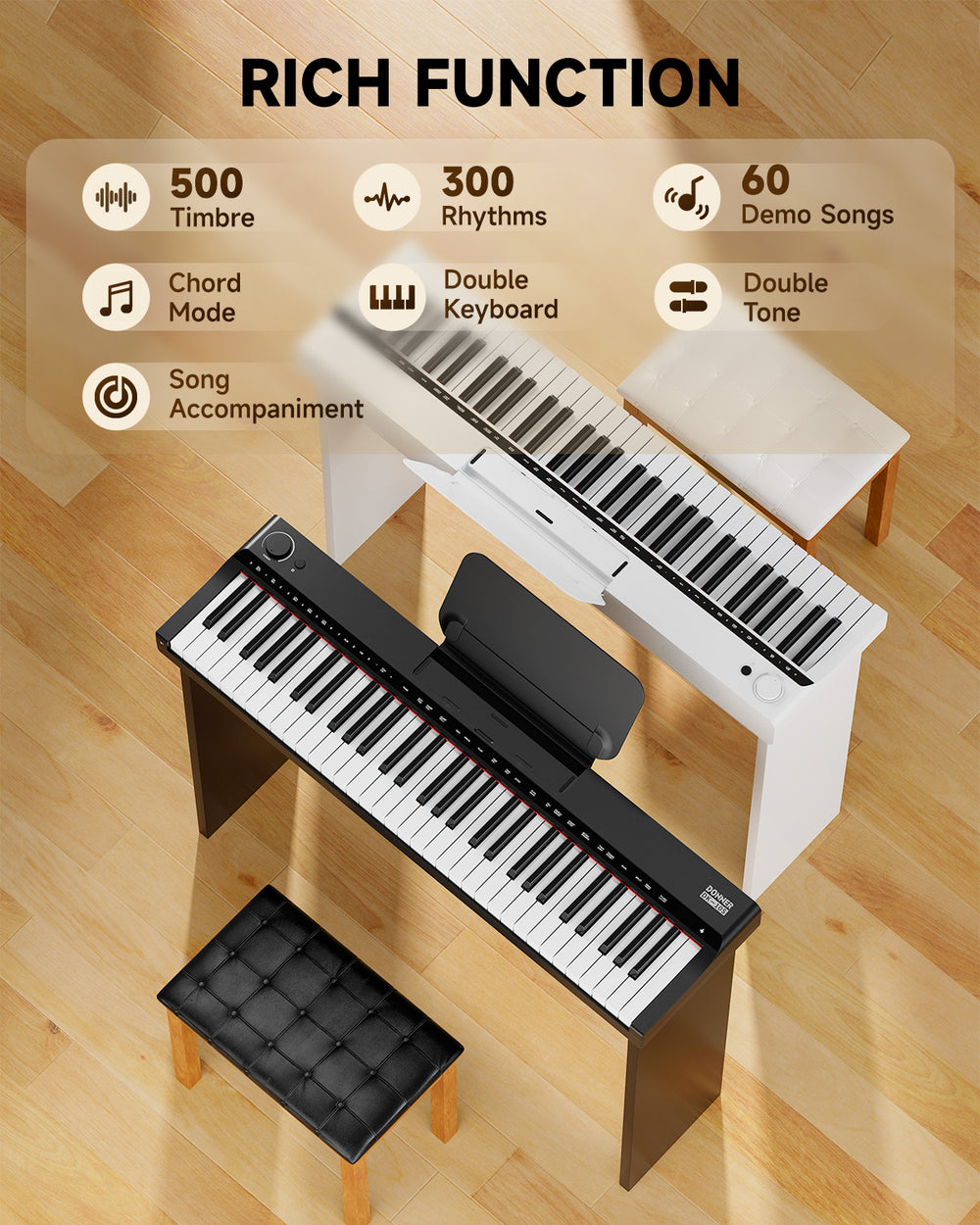 Donner DK-10S Black Electronic Keyboard Piano 61 Key Indicator Light G