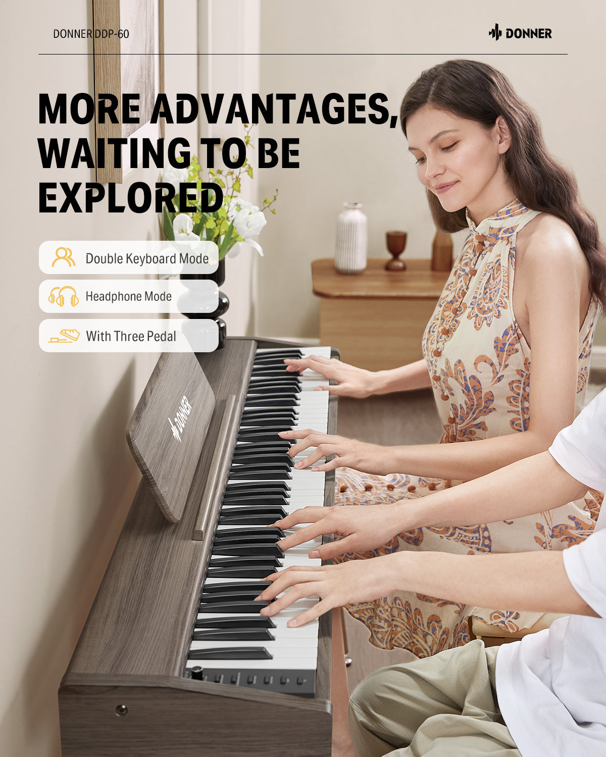 Donner DDP-60 Wooden 88-Key Semi-Weighted Upright Digital Piano with 3-Pedal for Beginner-Gray##