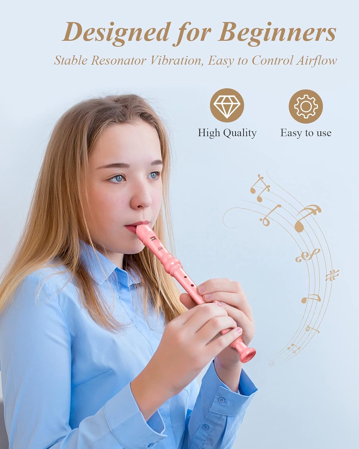 Eastar Soprano Recorder Instrument for Kids Beginners, German Fingering C Key Recorder Instrument 3 Piece with Cleaning Kit, Thumb Rest, Cotton Bag, Fingering Chart, ERS-21GB, School-Approved-Pink##