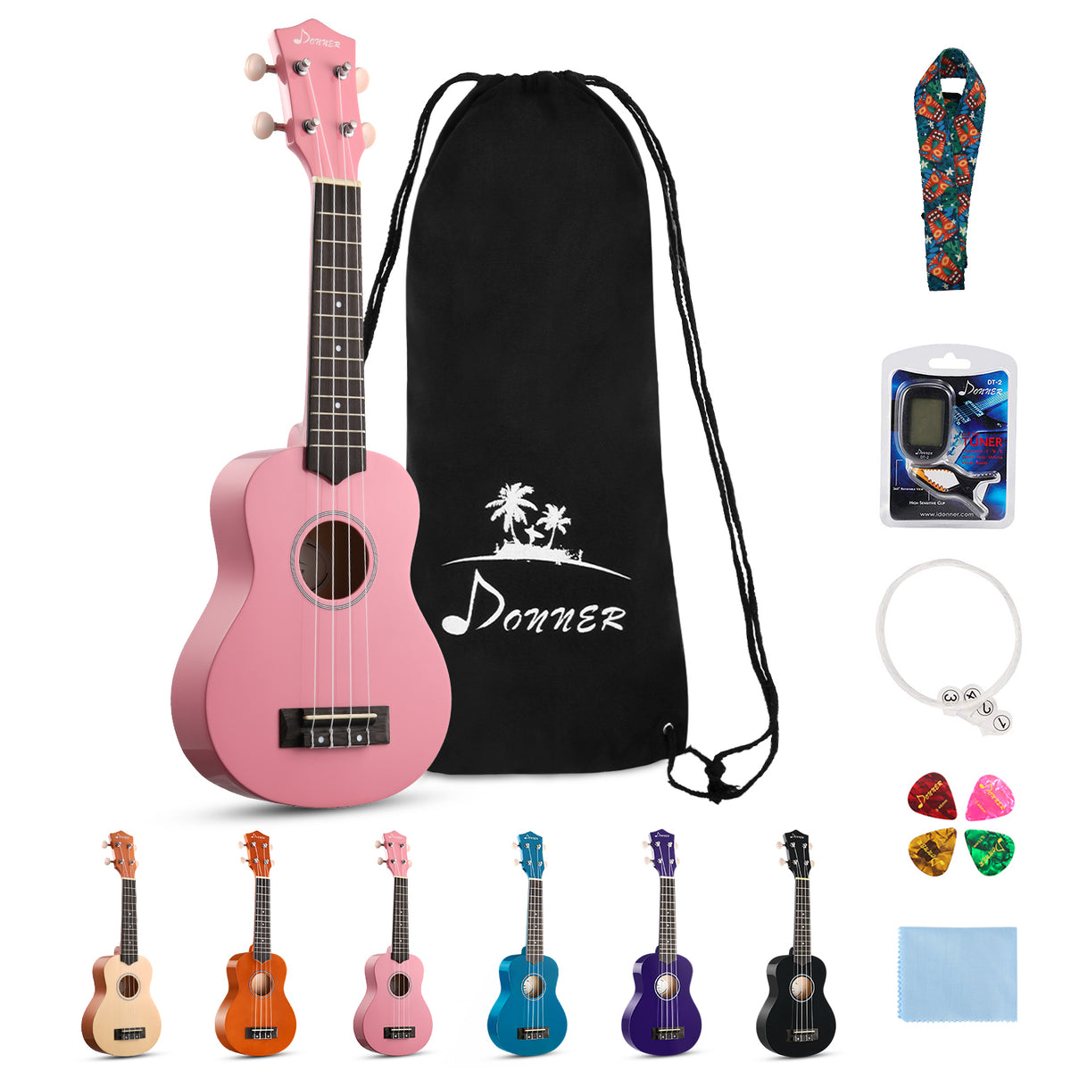 Donner DUS-10 Soprano Ukulele Beginner Kit for Kid Adult Student with Online Lesson 21 Inch Bundle Bag Strap String Tuner Pick Polishing Cloth