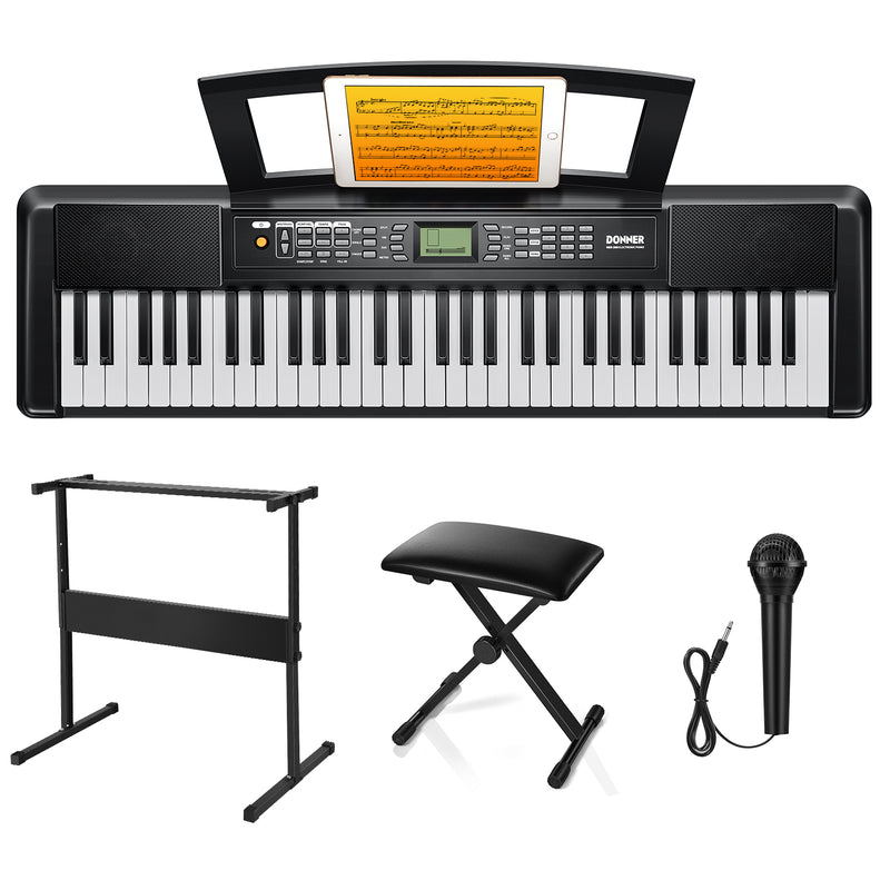 Donner DEK-200 61 Key Piano Full-Size Electronic Keyboard Set, Dual Keyboard, Auto Accompaniment, Metronome, Record, Includes 300 Tones and Rhythms, with Stand, Bench, Microphone