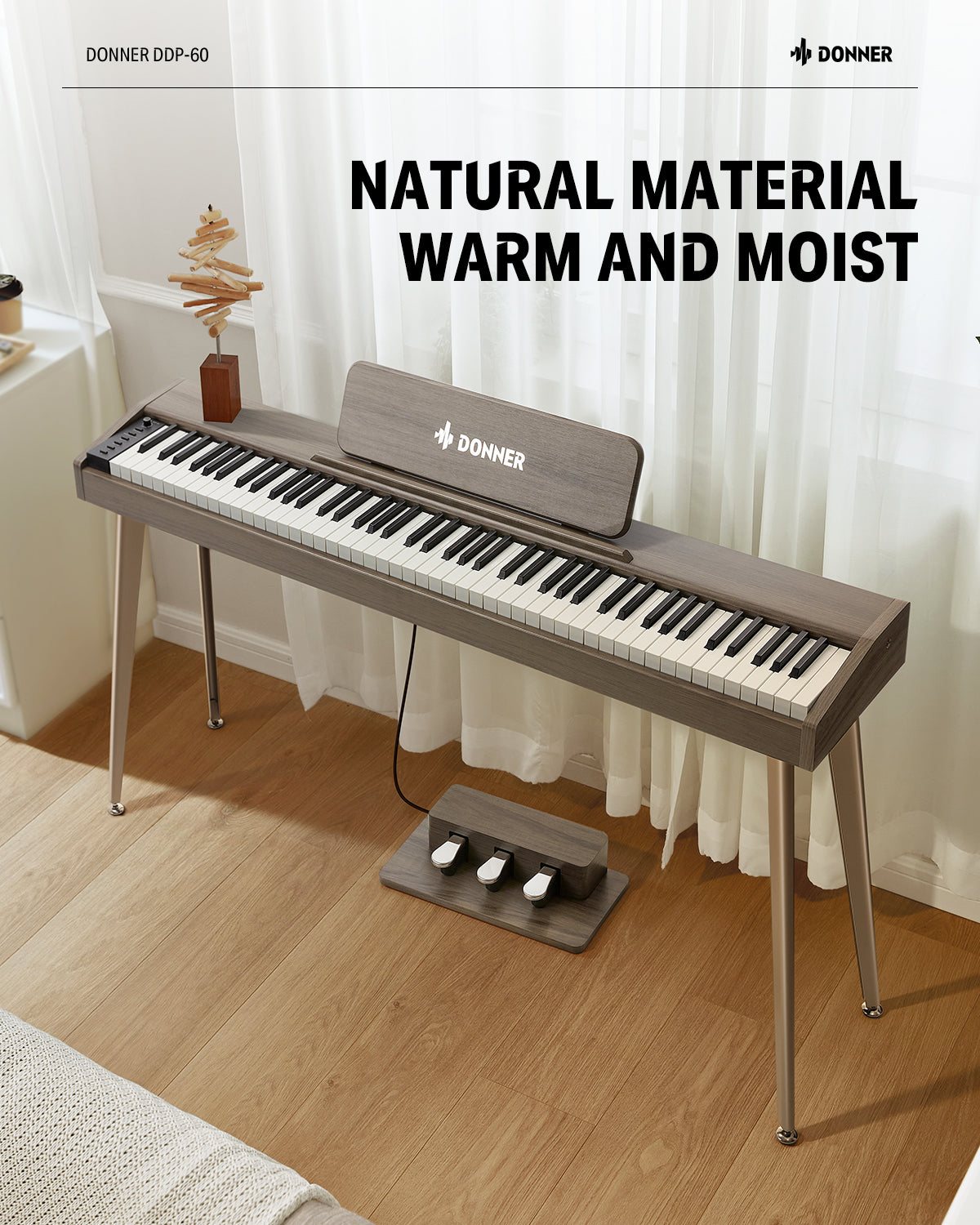 Donner DDP-60 Wooden 88-Key Semi-Weighted Upright Digital Piano with 3-Pedal for Beginner-Gray##